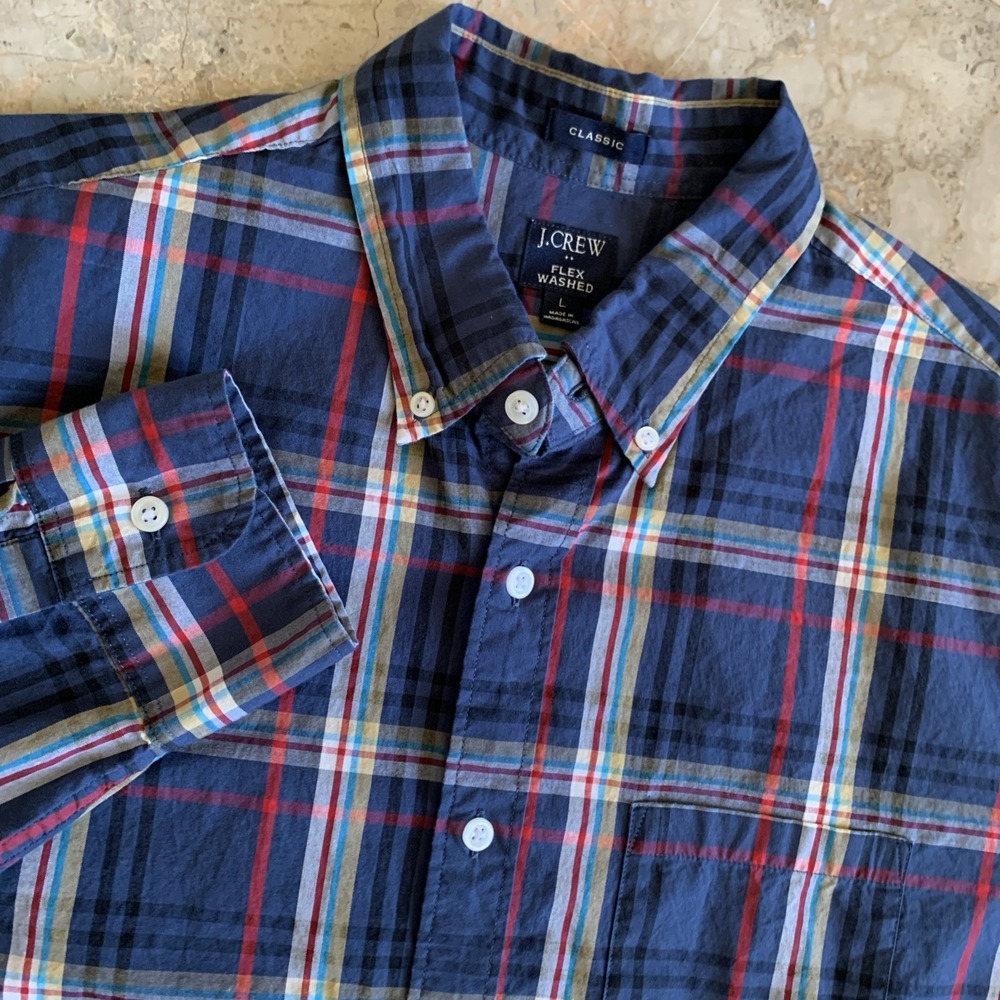 J Crew Shirt Mens L Blue Plaid Flex Washed Classic Fit Long Sleeve Button Down